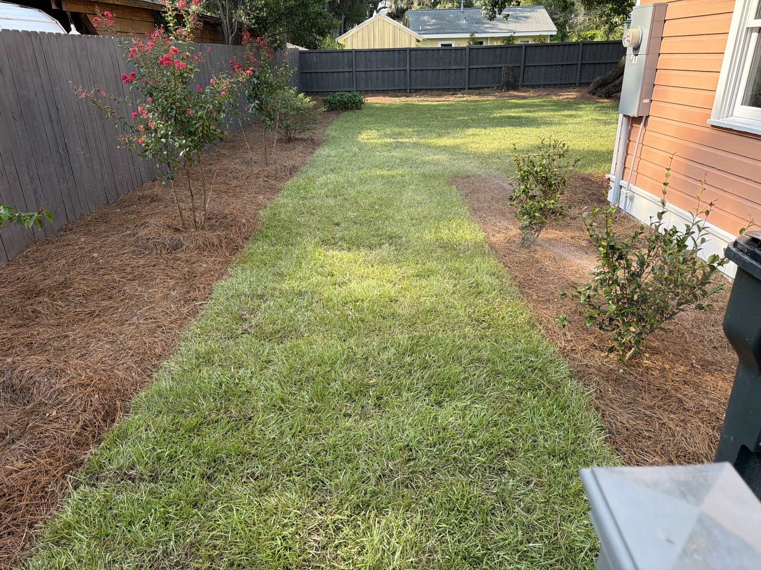 Finished lawn and landscaped beds
